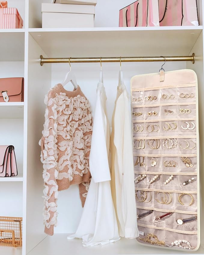 BAGSMART Hanging Jewelry Organizer Necklace/Earring/Ring 2-Sided L Beige | Jewelry Holder Organizer Storage with Hanger Metal Hooks Double-Sided Jewelry Holder on Closet, Wall, Door