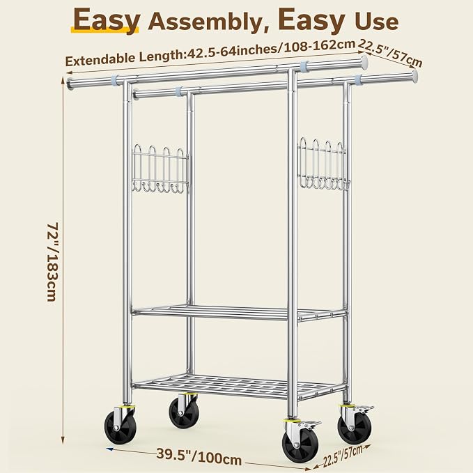 100% Stainless Steel Heavy Duty Clothes Rack Load 960LBS, Double Rod Clothing Rack for Hanging Clothes with Reinforced Rubber Rings, Extendable Rolling Garment Racks W/ Portable Wheel & Sturdy Shelves