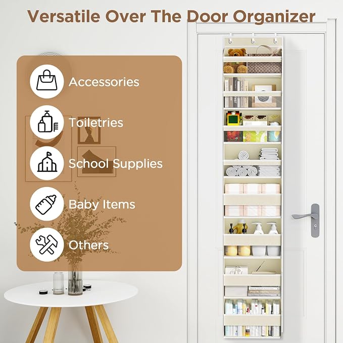 Mefirt Over The Door Organizer, 8 Shelf Door Hanging Organizers with 8 Large Capacity Pockets, Back of Door Organizer Storage Hanging Shelves for Closet Bathroom Bedroom Nursery