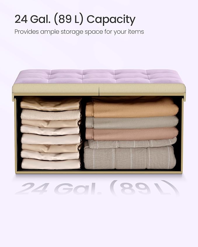 SONGMICS Velvet Storage Ottoman, Folding Storage Bench for Bedroom, Toy Chest, Ottoman Coffee Table, 15 x 29.9 x 15 Inch, Hibiscus Purple, Entryway Shoe Bench, Island Collection ULSF048PE01