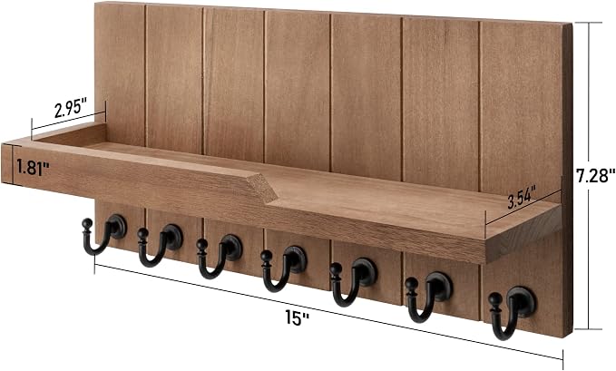 Rebee Vision Key Holder Wall Mount with Shelf for Entryway, Retro Brown | Key Holder for Wall, 7 Key Hooks, Floating Shelf, Key and Mail Holder for Wall, Home Storage, Sturdy Everyday Organization