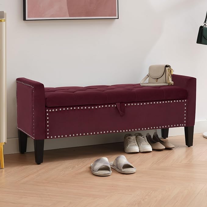 Storage Ottoman Bench, Velvet Upholstered Footstool for Bedroom and Living Room, Frosted Flannel Seat with Storage, Wooden Legs & Metal Rivets, Purple