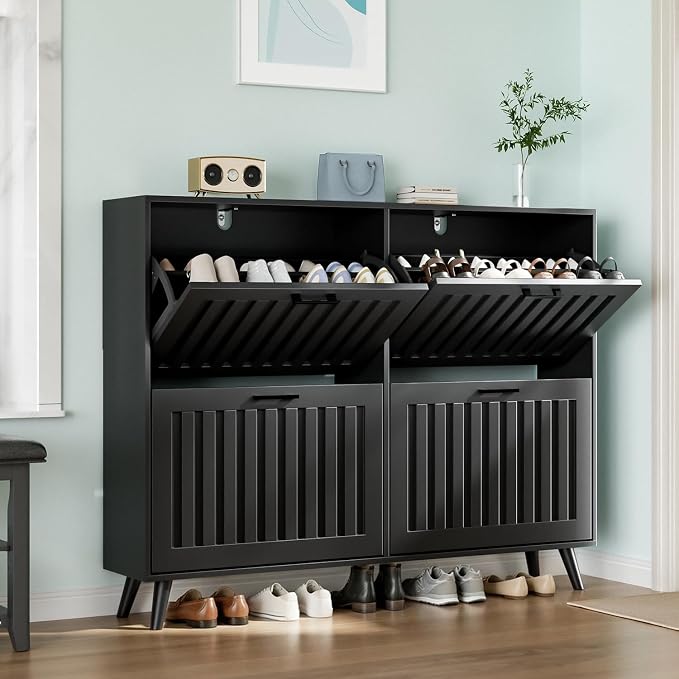 Shoe Storage Cabinet with 4 Flip Drawers, Modern Freestanding Organizer with Adjustable Shelf, Narrow Shoe Rack Cabinet for Entryway, Black