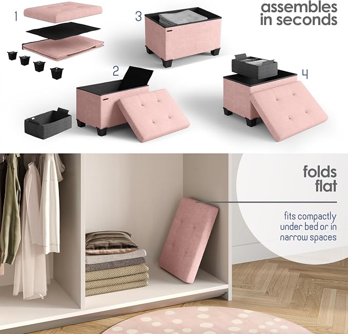 Storage Ottoman Cube with Small Bin, 16-in Square Ottoman with Storage for Living Room and Bedroom, Small Ottomans Foot Rest, Fabric Foot Stools Ottomans Max 330lbs, Pink