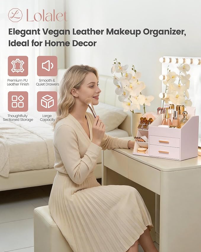 Lolalet Makeup Organizer Countertop with Drawers, Easy to Clean PU Leather Storage Box, 3-Layer Cosmetic Holder for Skincare, Lipstick, Perfume & Brush, Display Case for Vanity Dresser Bathroom - Pink