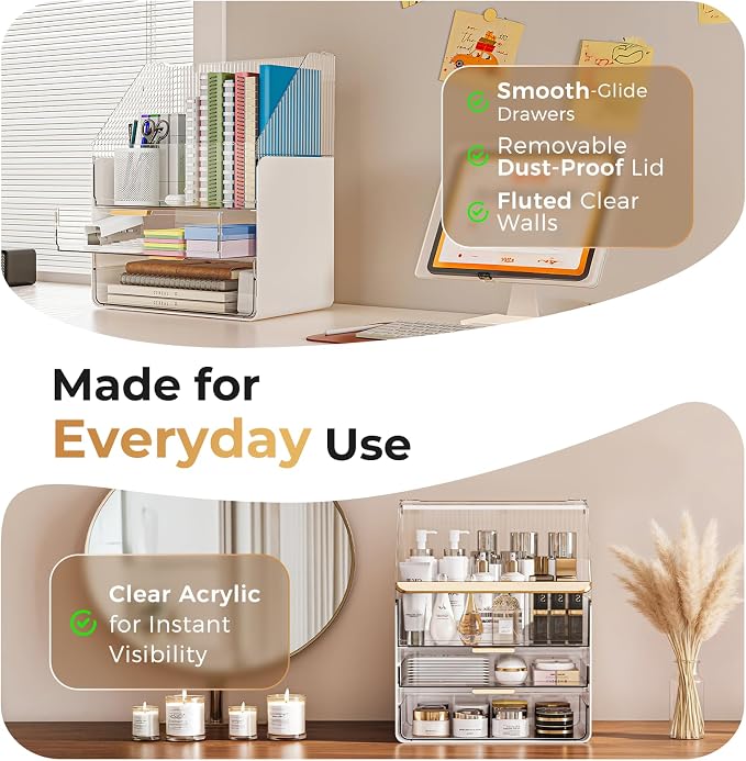 Makeup Organizer Countertop with Drawers & Lid, Skincare Organizer for Vanity, Large Cosmetic Organizer & Display Cases and Storage for Bathroom & Desktop. Perfect for Girl Women Mom Gifts