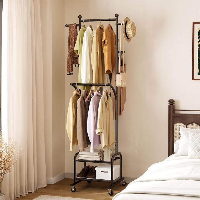 Rolling Clothes Rack with 2 Shelves, Small Metal Clothing Rack with Wheels | Gasvadivum 71" Tall Sturdy Garment Rack with 3 Hanging Rods, Freestanding Portable Coat Rack for Bedroom, Entryway, Black