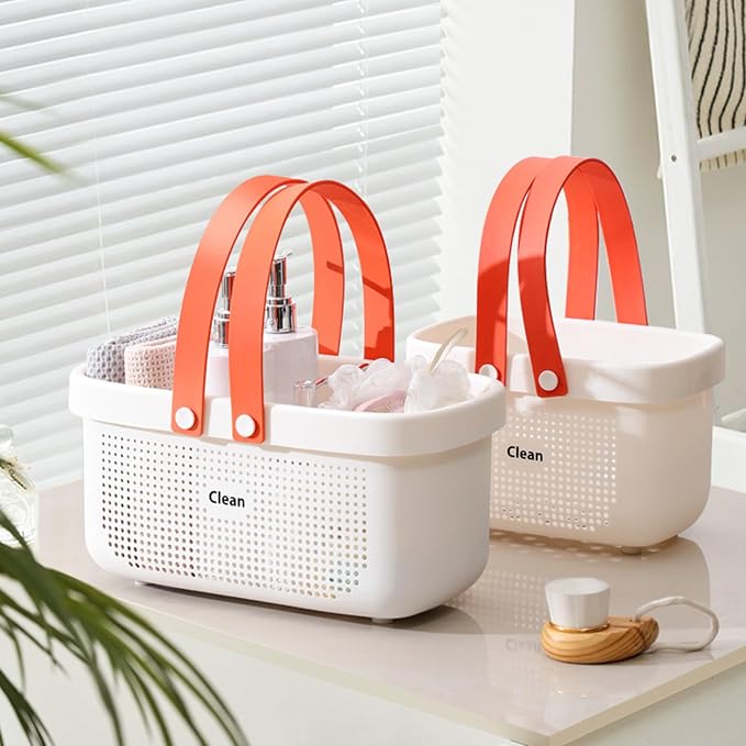 JiatuA Plastic Storage Basket with Handle Portable Shower Caddy Tote Organizer Basket Bin for Bathroom Kitchen Dorm Room Bedroom, White