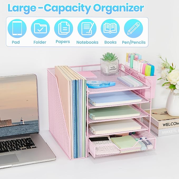 Desk Organizers and Accessories, 5-Tier Paper Letter Tray Organizer with File Holder, Drawer & Pen Holder, Office Desk Accessories, Desktop Organizer for Classroom Office Supplies, Pink