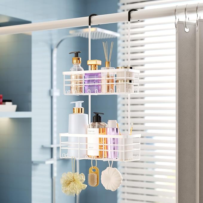 HapiRm Hanging Shower Caddy Organizer - No Drilling Shower Organizer with Hooks, Rustproof & Waterproof 304 Stainless Steel Bathroom Shelves - White