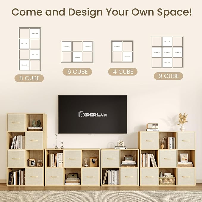 EXPERLAM 8 Cube Storage Organizer - Solid Wood Bookshelf with 4 Storage Bins, Cube Shelf with 2 Removable Back Panels, Vertical or Horizontal Bookcase, Open Book Shelf for Bedroom, Living Room, Office