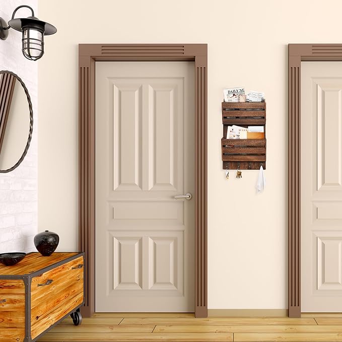 Mail Organizer Wall Mount with 4 Key Hooks, Rustic Wooden Hanging Mail Sorter Farmhouse Key Holder for Wall Decoration, 2-Slot Wall File and Magazines Bill Letter Holder (Brown)