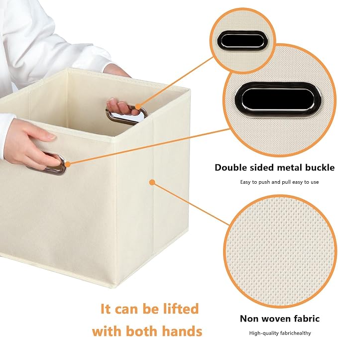 Fabric storage bins Cubes, Fabric Cube Organizer with Handle, Foldable Cube Bins for Cloth or Accessary Storage, 11x11x11, Set of 10, (Creamy White)