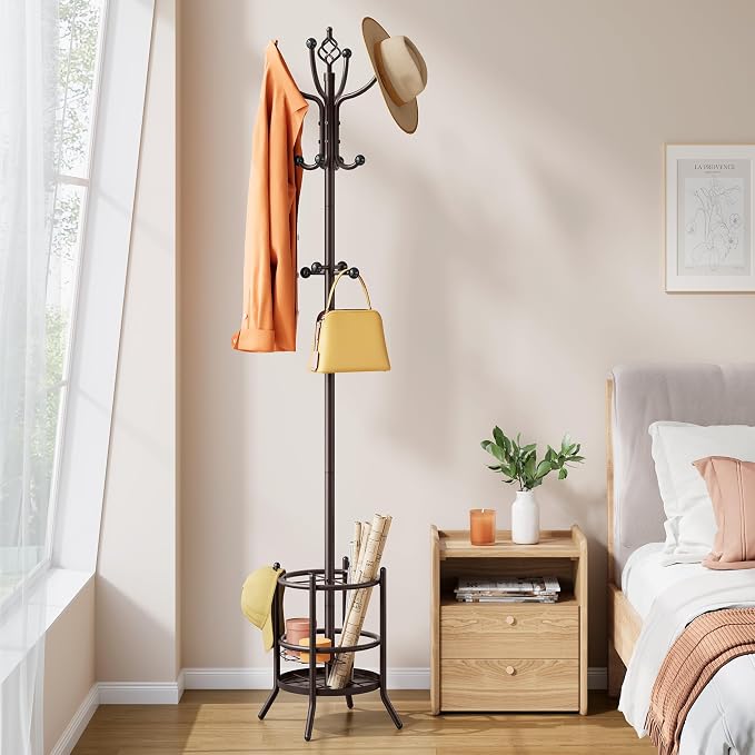 Tajsoon Coat Rack with Umbrella Stand, Coat Tree With 16 Hooks, Brown | 2-In-1 Design, Coat Rack Freestanding, Durable & Stable, Space-Saving, For Living Room, Bedroom, Office