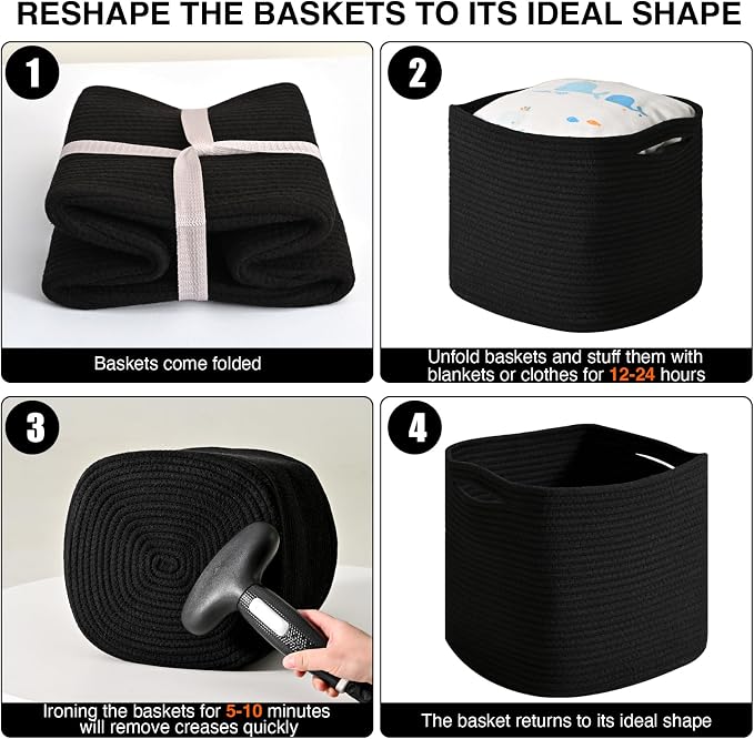 ICERZCZ 11 Inch Cube Storage Bins, Storage Cube Organizer Bins, Woven Cotton Rope Basket for Storage, Storage Baskets for Organizing Shelves, Square Baskets for Toys, Black (Pack of 3)