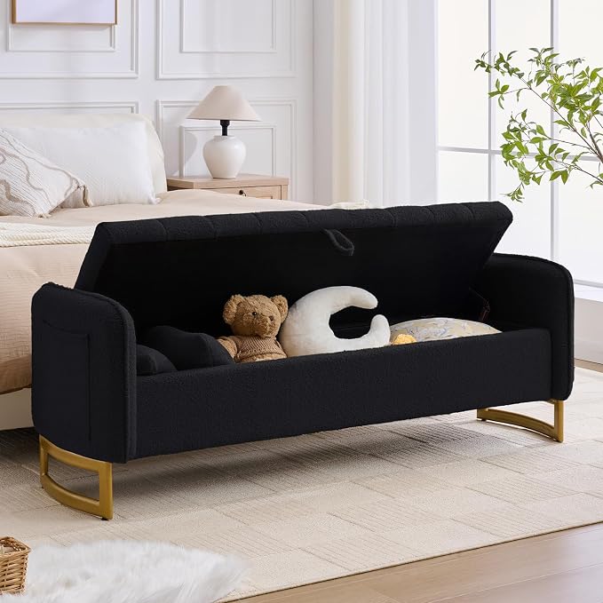 66" End of Bed Bench King Size, Teddy Boucle Storage Bench for Bedroom Foot of Bed, Storage Ottoman Bench with Golden Legs and Pillows for Living Room Window Entryway, Black