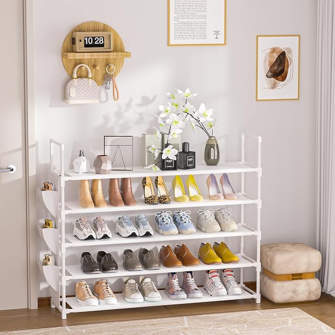 OYREL 5 Tier Shoe Organizer, 33.3in Wide x 11.2in Deep x 35.6in Tall, Black Metal and Plastic Shoe Rack with Side Bag, Holds 20-25 Pairs of Shoes | Closet, Entryway, Garage, Door Entrance, Space Saving Shoes Holder Stand, Sturdy Metal Free Standing She...