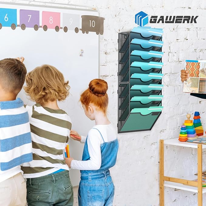 Gawerk 8-Tier Wall File Organizer Hanging Wall File Holder Wall Mount Paper Folder Organize, Mesh Magazine Document Mail Organizer Wall Organizer for Office School Home, Black