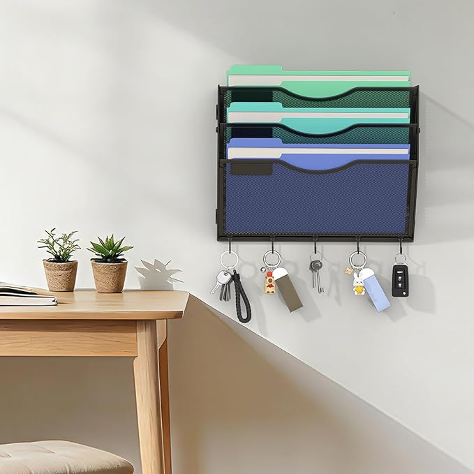 Gawerk Hanging Wall File Organizer, 3 Tier | 5 Hooks, Wall Mounted, Sturdy Mesh, For Office Home