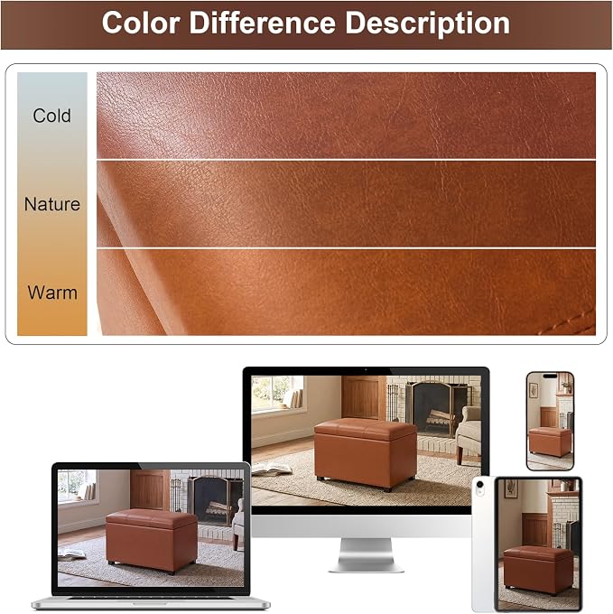 24" Leather Storage Ottoman Bench, Rectangle Foot Rest Stool for Living Room, Bedroom, Entryway, Cognac Brown
