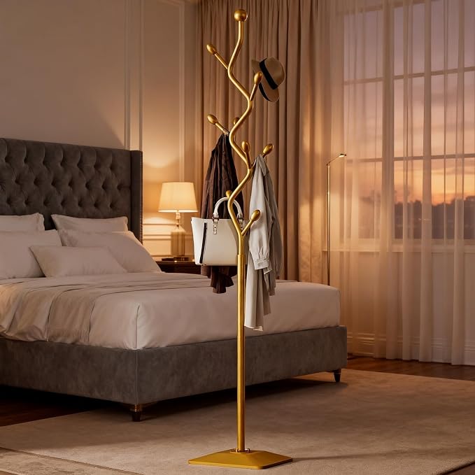 Gold Coat Rack Freestanding Metal Tree Coat Stand with Hooks,Modern Decorative Standing Hat Rack for Entryway Bedroom Living Room