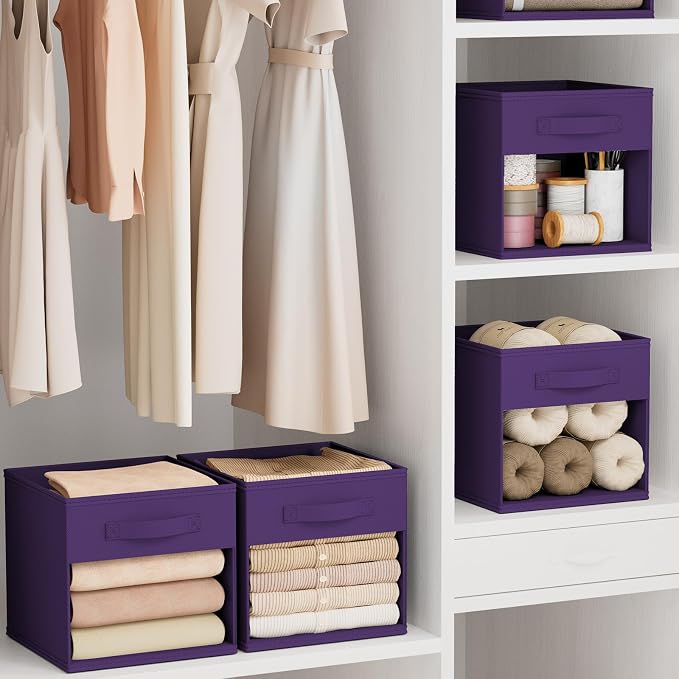 DIMJ Storage Cubes, Cube Storage Bin, 8 Pack Foldable Baskets with Window, Closet Storage Bins with Handle, 11x 11 inch Storage Cubes for Clothes, Toys, Books (Purple)