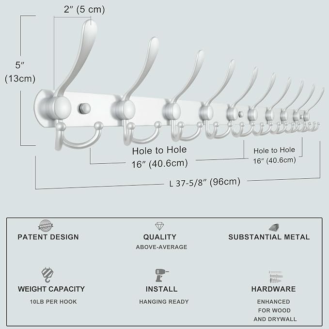 Dseap Coat Rack Wall Mount - 38” Long 10-Tri-Hooks Heavy Duty Coat Hanger Rail Wall Hooks for Hanging Coats Hats Clothing Clothes Purse Mudroom Entryway, Silver, Pack of 2