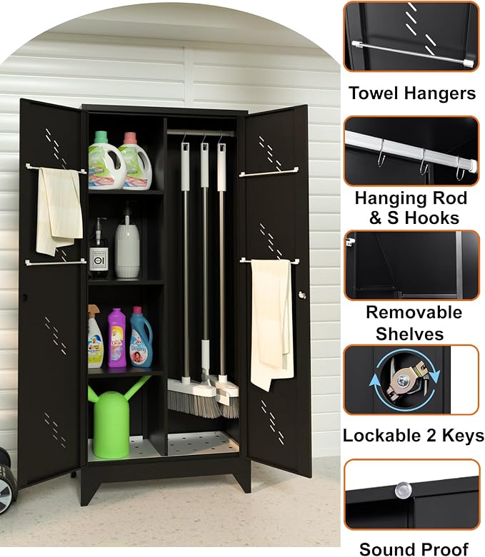 71" Metal Storage Cabinet with Lock, Stainless Steel Bottom, Black | Garage Storage Cabinets with Hanging Rod & S-Hooks, Utility Broom Closet for Laundry Room, Home Office