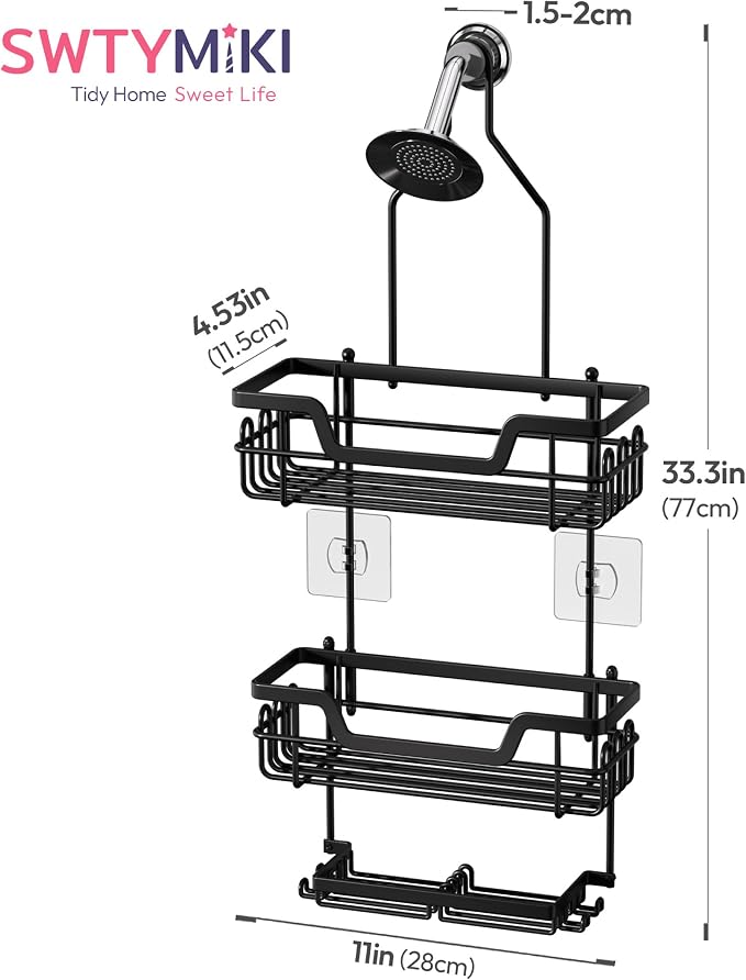 SWTYMIKI Bathroom Shower Caddy Hanging - 3 Tier Rustproof Over Shower Head Organizer, No Drilling Bathroom Shelf with 16 Hooks & Soap Holder, Anti-Swing Rack for Shampoo,Sponge,Towel, Black, Large
