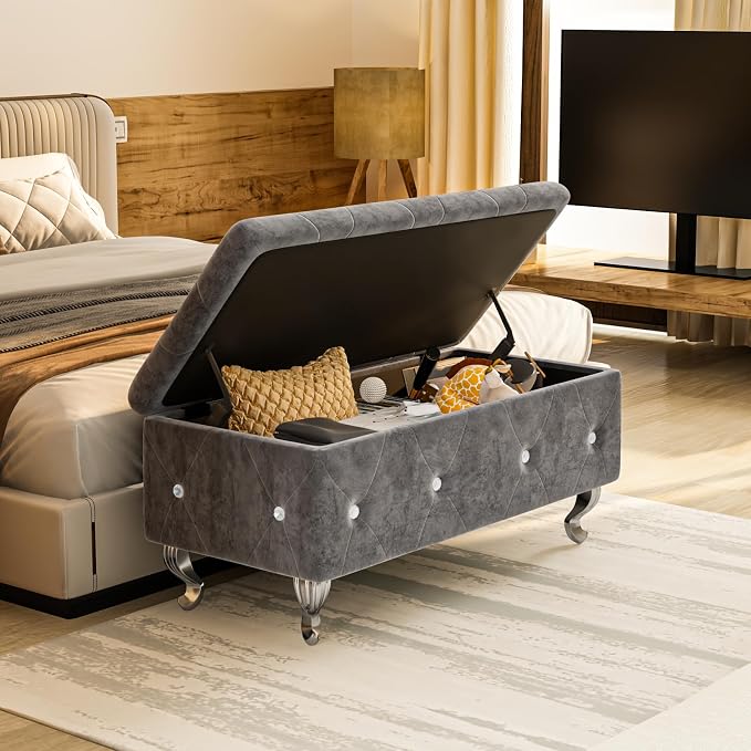 Recaceik Ottoman with Storage, Small Upholstered Storage Bench for Bedroom, Ottoman Bench with Legs for Living Room, End of Bed, Entryway, Window, Grey