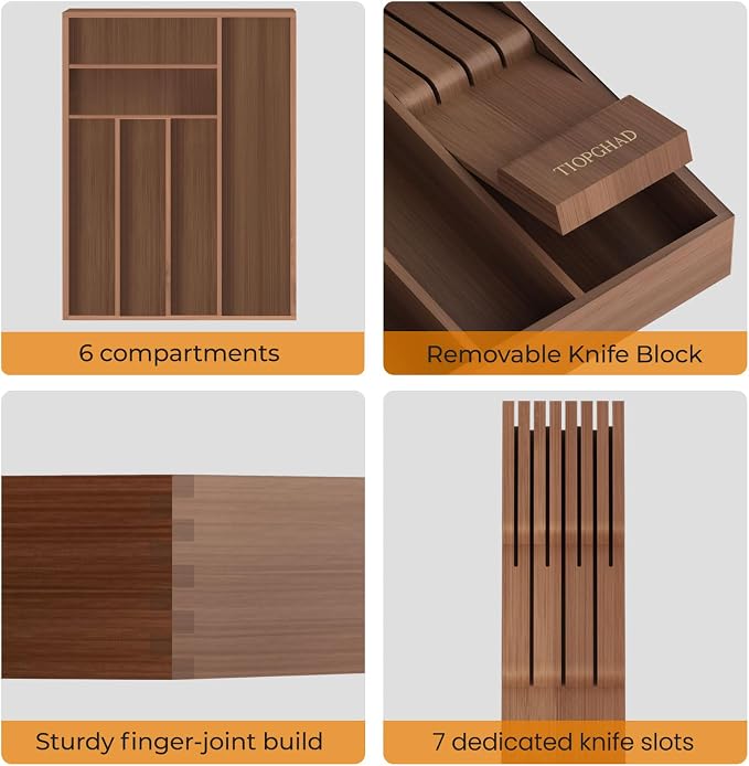 Small Bamboo Silverware Organizer Kitchen Utensil Tray, Brown | Removable Knife Block, Holds 7 Knives, Adjustable Dividers, 15.6 x 12 x 1.8 in, Drawer Insert for Utensils, Forks
