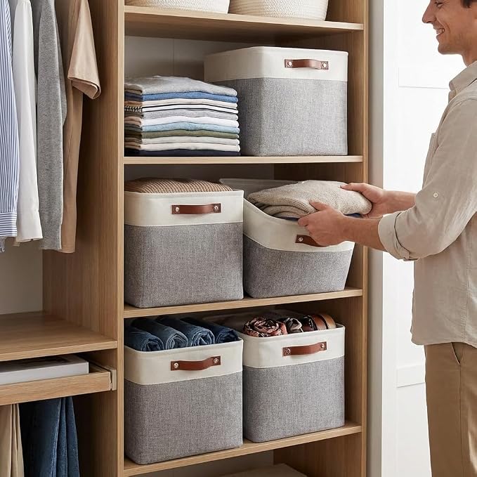 Univivi Cube Storage Bins,Fabric Storage Basket,13x13x13 inch,Gray,4 Pack | Large Capacity,Metal Frame,Hard Cardboard Bottom,Foldable,Linen Closet Baskets with PU Handles