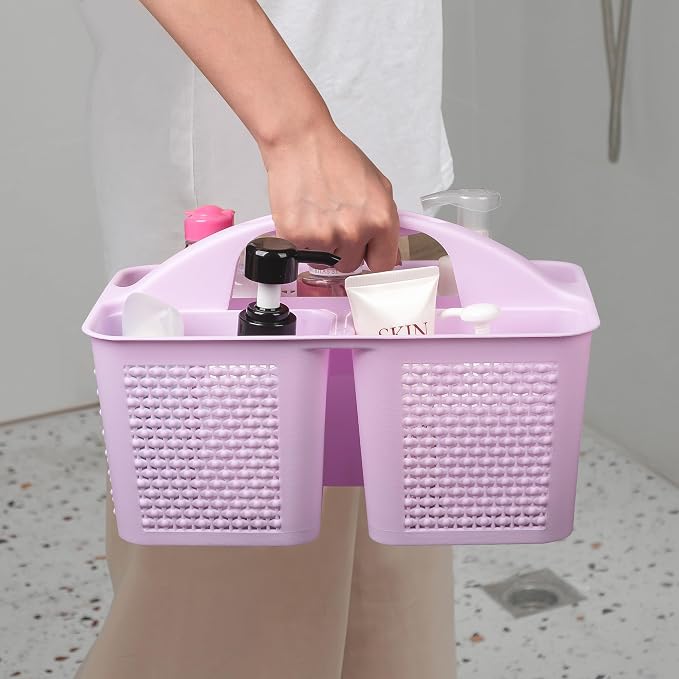 Plastic Portable Shower Caddy with Handle, 3 Compartments, Light Purple | Storage Organizer with Drain Holes, Sturdy and Durable For Bathroom, Kitchen, College Dorm, Sink, Camping