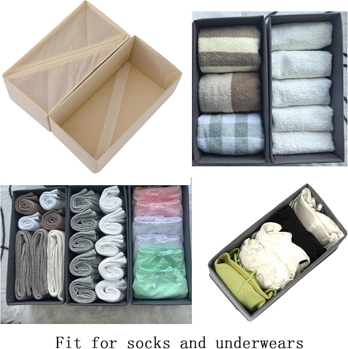 Bructhun Sock Drawer Organizer 6 Pack - Collapsible Fabric Storage Bins for Underwear Divider, Small Closet Organizers with 6 Compartments, Beige