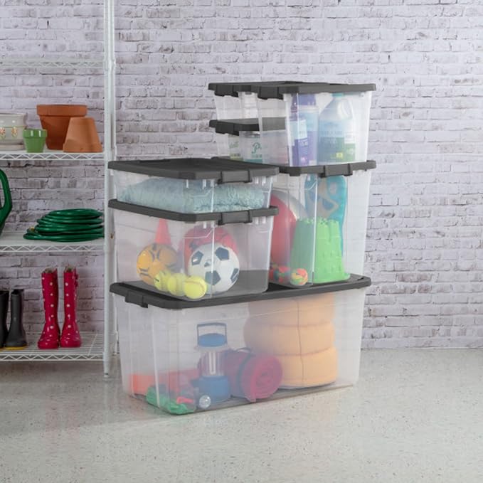 Sterilite 12-Pack Modular Stacker Box, Durable Clear Plastic Storage Bins with Latching Lids, 40 Quart - Stackable Organizing Container Boxes for Closet, Bathroom, and Office