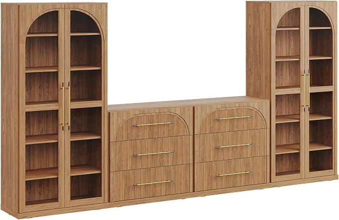 BELLEZE 4-Piece Modular TV Stand Set - 2 Sideboards with Drawers and 2 Tall Storage Cabinets, Classic Modern Media Console Entertainment Center with Adjustable Shelves for Living Room, Camel