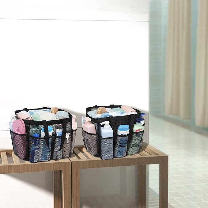 Mesh Shower Caddy Portable - 2 Packs, Extra Large Shower Bag for Dorm | 2 Pack, S-Hook, Quick-Dry, Hanging Toiletry Organizer, College Dorm Room Essentials for Girls, Gym, Travel & Bathroom, Black