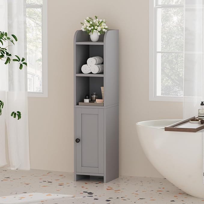 Homhedy Small Bathroom Storage Cabinet, Narrow Toilet Paper Cabinet | Corner Floor Cabinet with Door and Shelves, Slim Bathroom Cabinet for Small Spaces, 7.9" D x 7.1" W x 31" H, Gray