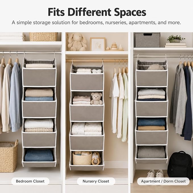 4-Shelf Hanging Closet Organizer and Storage, Fabric Storage Bins Bedroom Organization with Mesh Pockets, Collapsible Hanging Shelves Wardrobe Organization for Home, Dorm, Rv (Grey)