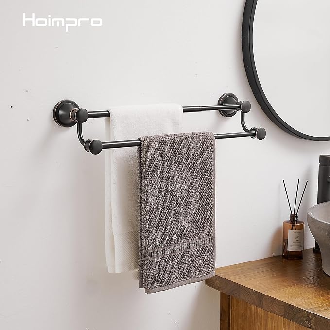Hoimpro Adjustable Retractable 15-27 Inches Stainless Steel Bathroom Towel Bar, Bathroom Accessories Bath Hotel Double Towel Bar Rod Hanger Wall Mounted Towel Holder Towel Rack, Oil Rubbed Bronze | Oil Rubber Bronze, Adjustable 16-26", Wall Mounted, St...