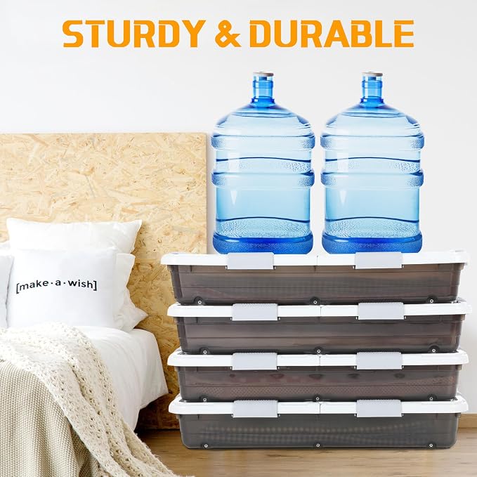 Beeveer 4 Pcs Plastic Under Bed Storage Container with Double Opening Lid Wheel Handle, Transparent Large Capacity Stackable Latching Festival Storage Bin for Closet Bedroom, 31.5x15.8x5.2 In(Brown)