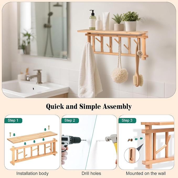 Key Holder for Wall with Shelf and 6 Rotating Key Hooks Bamboo | Key Hanger Wall-mounted with shelf decorative Coat Rack organizer for Rustic Entrances Hallway Living room Bedroom Kitchen