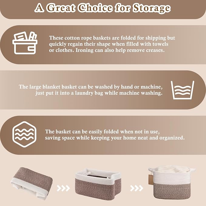 Goodpick Small Woven Storage Basket, Rectangle, Brown | 13 × 10 × 9 in, Cotton Rope, Reinforced Handles, Shelf Bedroom & Living Room Organization, Nursery Essentials & Home Decor