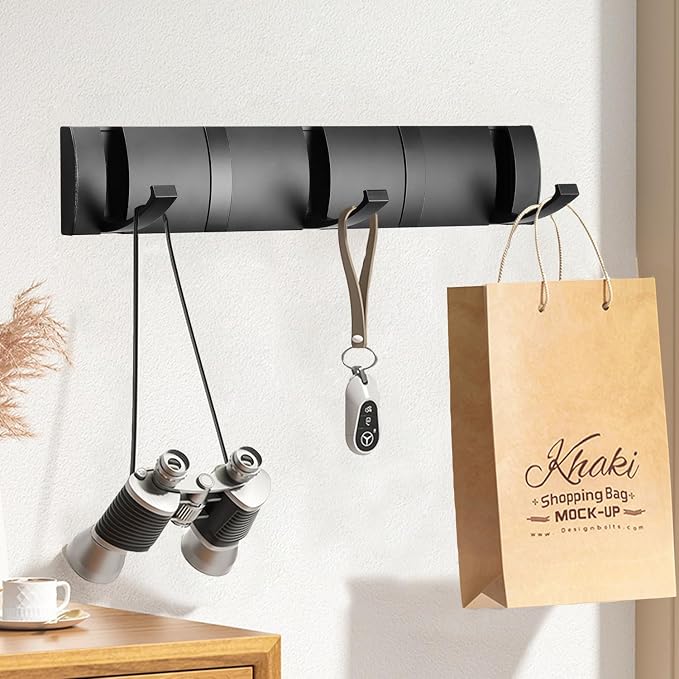 Folding Coat Hooks, Wall Mounted Coat Rack with 10 Retractable Hooks,Heavy Duty Towel Rack for Bathroom Wall Hook for Hanging Clothes Bathrobe, Stainless Steel Coat Hanger for Entryway(Black)