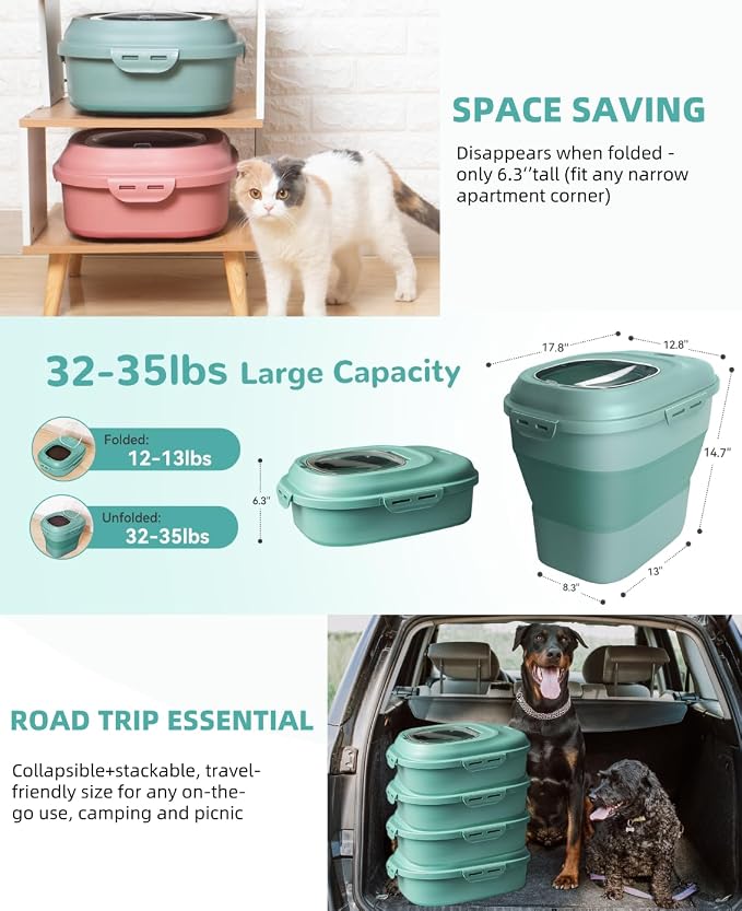 30-35Lbs Dog Food Storage Container Airtight,Collapsible Dog Food Container | Large Pet Food Storage Container with Double Airtight Seal & Magnetic Lid,Cat Food Container with Wheels,2Pcs Container,Scoop