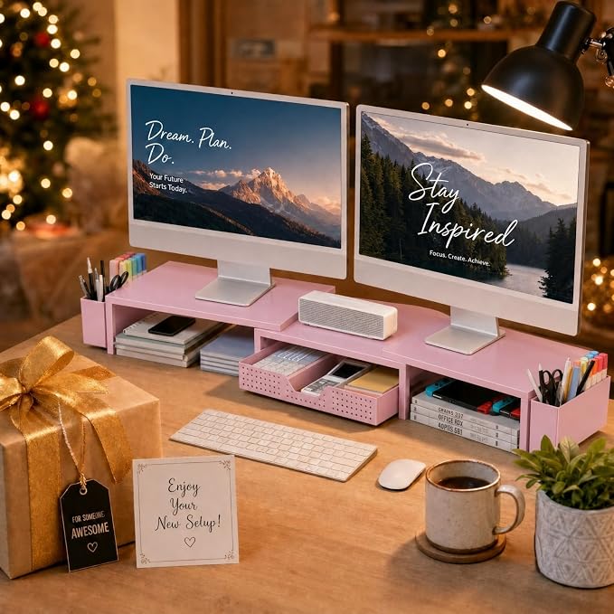 OPNICE Desk Organizers and Accessories, Dual Monitor Stand Riser with Drawer and 2 Pen Holders, Desk Shelf Computer Racks for Office Workspace Organizers, Desktop Organization (Pink)