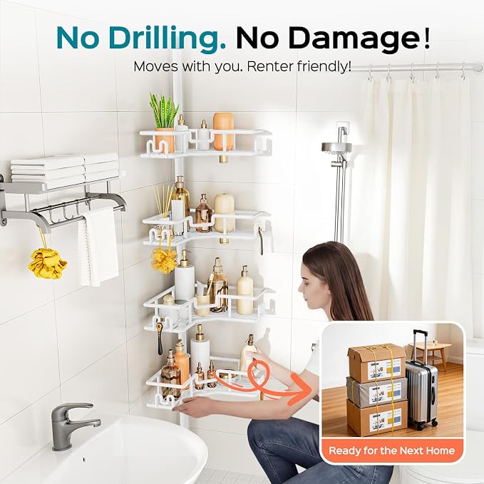 HAMITOR Corner Shower Organizer, 4-Tier Tension Pole Caddy with Hook, White | Rustproof Large Capacity Bathroom Essentials, No Drilling. Heavy Duty, Adjustable For Family, Apartment, Dorm 47.72-123.6in