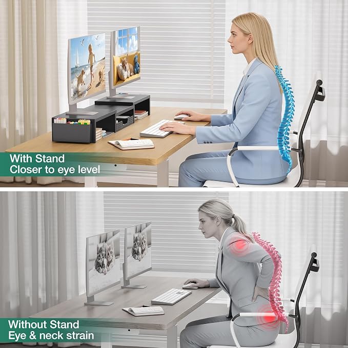 OPNICE Dual Monitor Stand Riser with Drawer and 2 Pen Holders, Desk Organizer for Office Supplies, Computer Monitor Stand for Desk, Workspace Desk Accessories for Home Office, Black