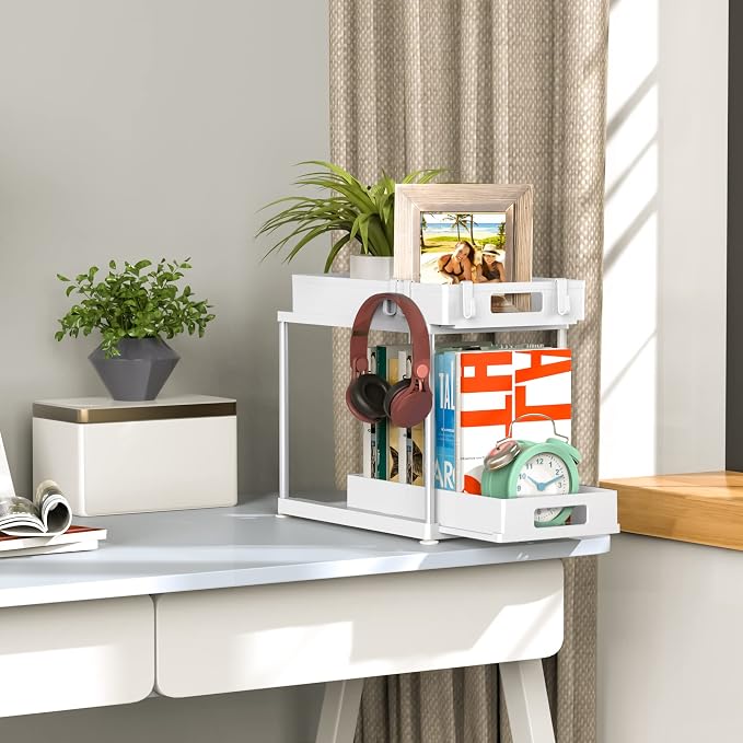 2 Pack Under Sink Organizer with Double Pull-Out Drawer, White | 2-Tier Cabinet Storage, Fits Cleaning Supplies & Toiletries, Space Saving for Small Cabinets, Double-layer Sliding