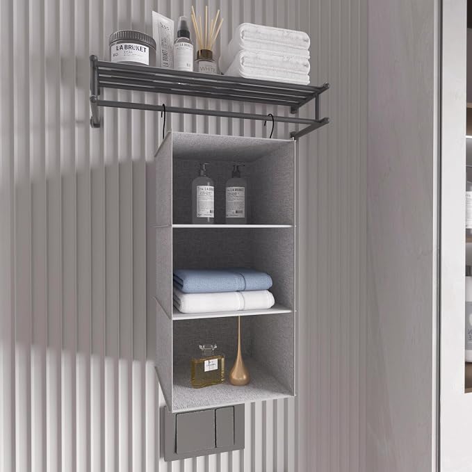 Hanging Closet Organizer 3-Shelf, Oxford Linen Wardrobe Storage, Gray | Easy-mount foldable design holds clothes, handbags, shoes & accessories; washable Oxford fabric, sturdy and space-saving.